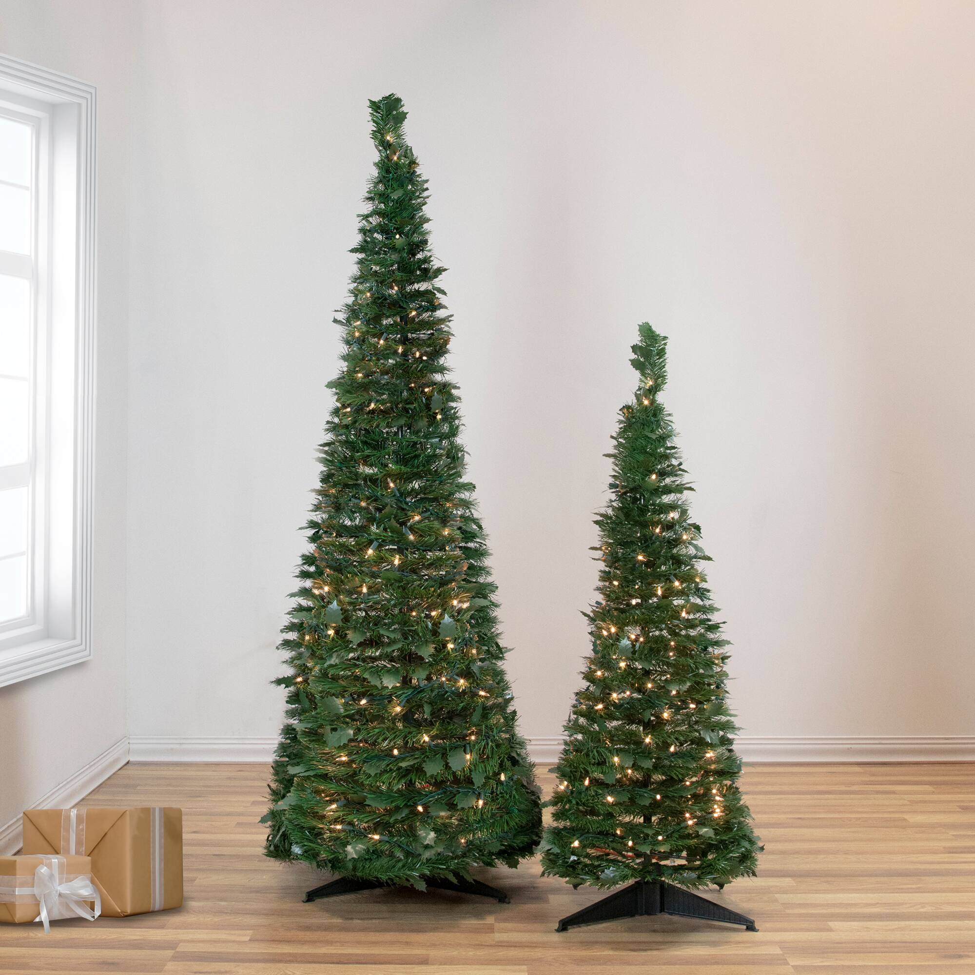 6ft. Pre-Lit Slim Green Holly Leaf Pop-Up Artificial Christmas Tree with Clear Lights